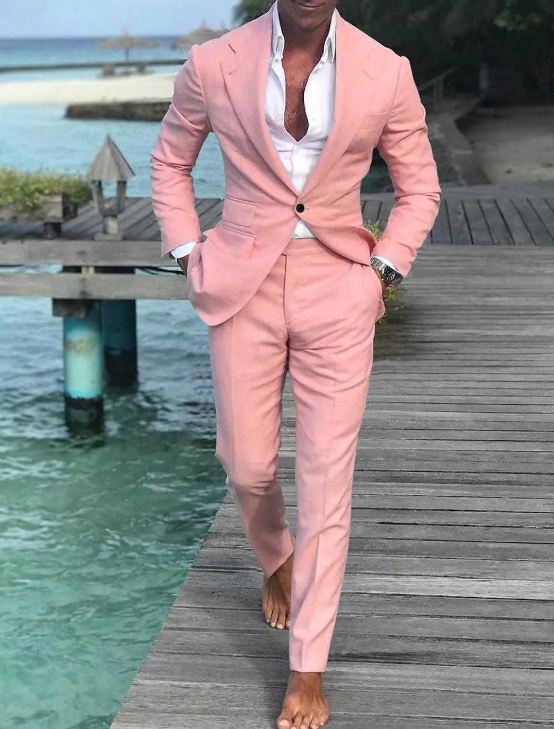Men's Wedding Linen Beach Summer Single Breasted One-button 2 Piece Suits - Wehilion.uk # # #