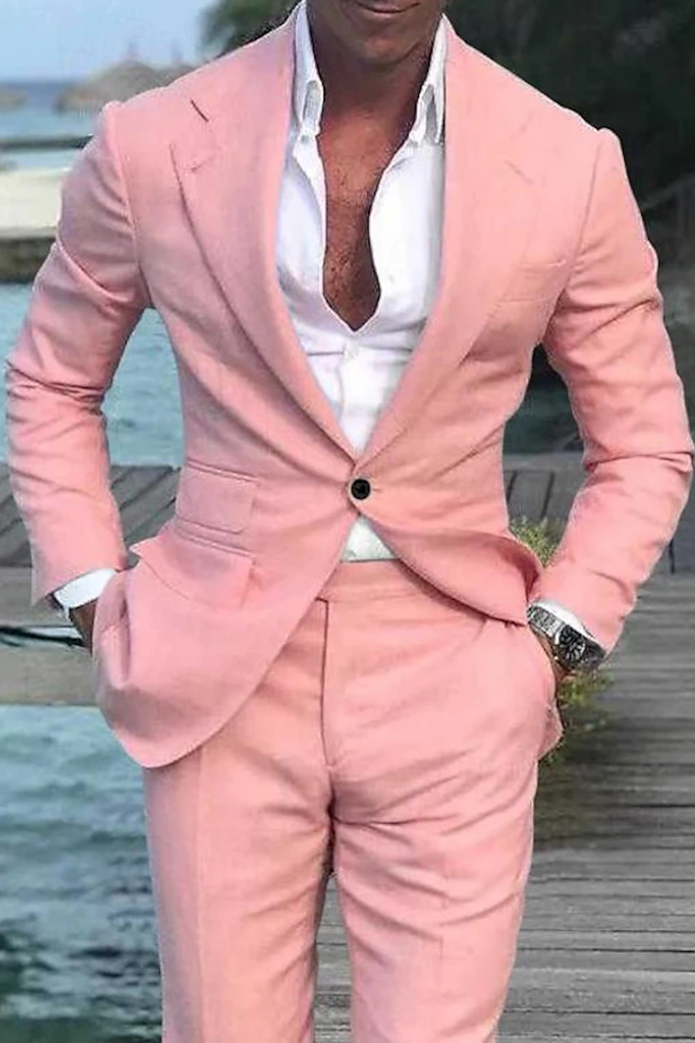 Men's Wedding Linen Beach Summer Single Breasted One-button 2 Piece Suits - Wehilion.uk # # #