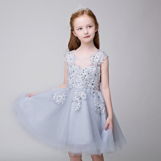 Flower Girl Applique Short Party Gown Long Dress for Wedding