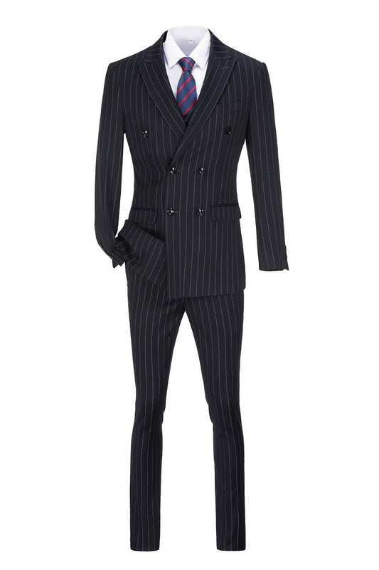 Navy Stripe Men's 3 Piece Suits Double Breasted Blazer Vest Pants