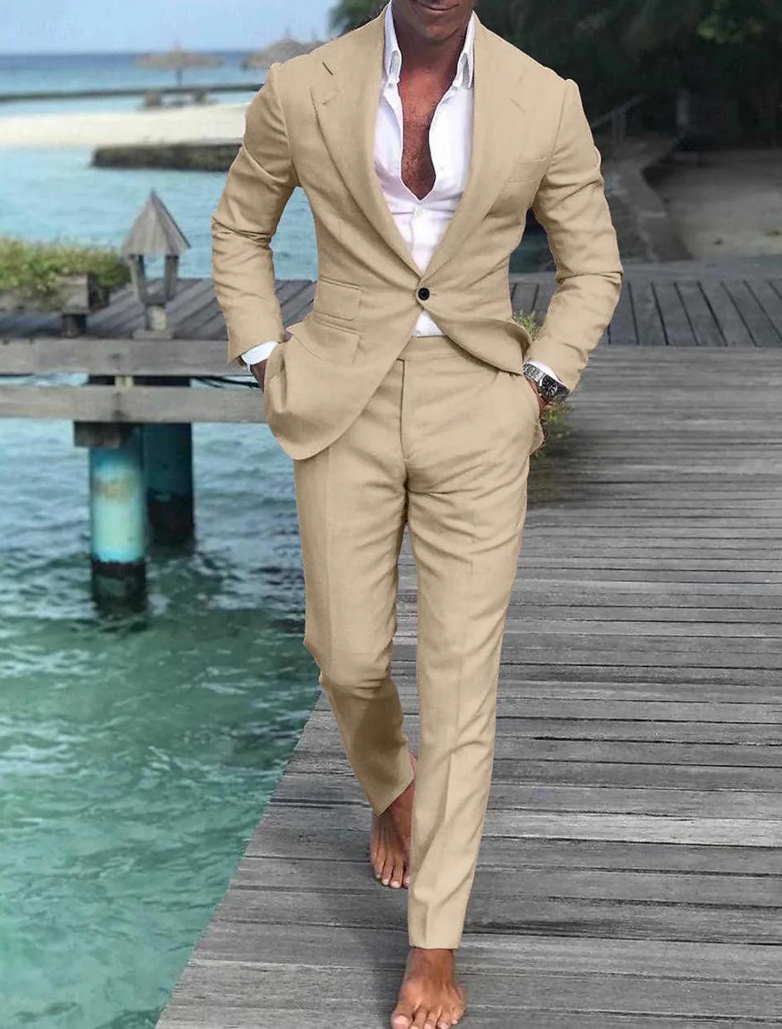 Men's Wedding Linen Beach Summer Single Breasted One-button 2 Piece Suits - Wehilion.uk # # #