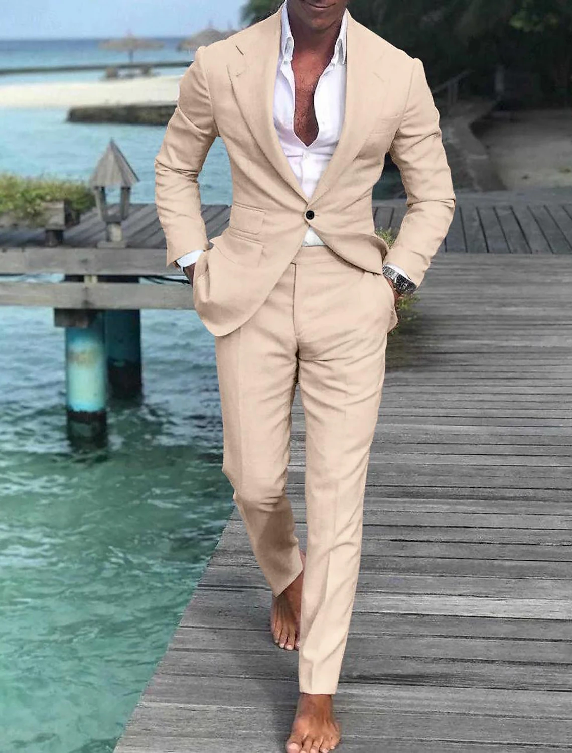 Men's Wedding Linen Beach Summer Single Breasted One-button 2 Piece Suits - Wehilion.uk # # #
