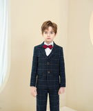 Navy Plaid Elegant 5 Piece Boys Suits