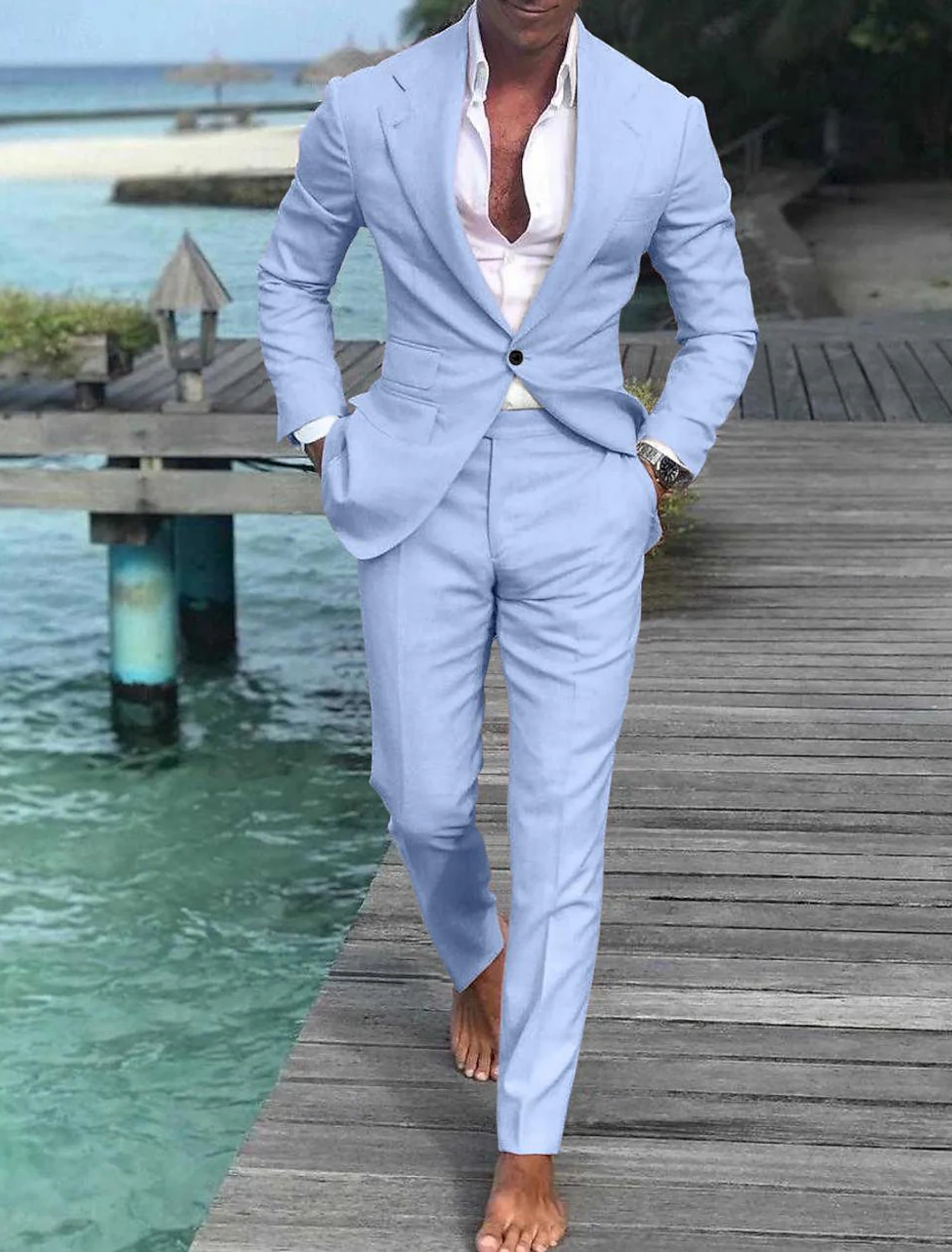 Men's Wedding Linen Beach Summer Single Breasted One-button 2 Piece Suits - Wehilion.uk # # #