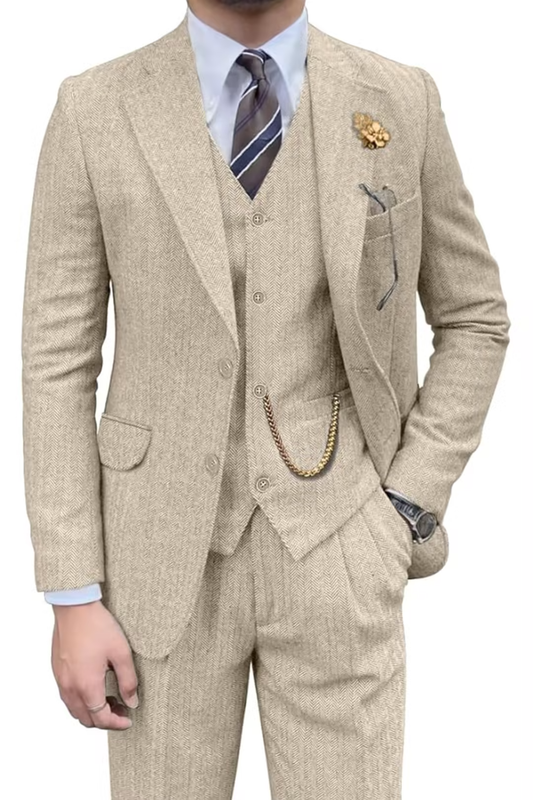 Retro Slim Fit Herringbone Tuxedos Herringbone 3 Piece Men's Suits(upgrade version)
