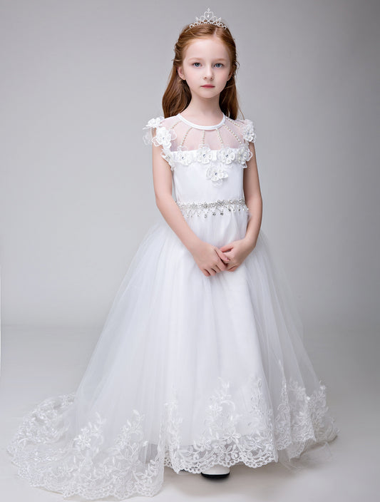 Flower Girl Applique Party Gown Long Dress for Wedding
