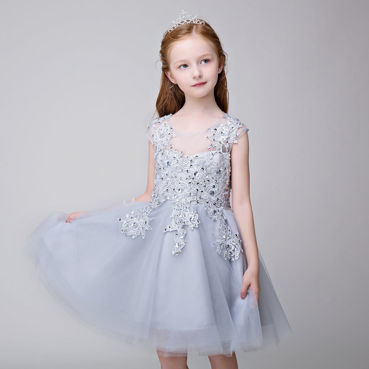 Flower Girl Applique Short Party Gown Long Dress for Wedding