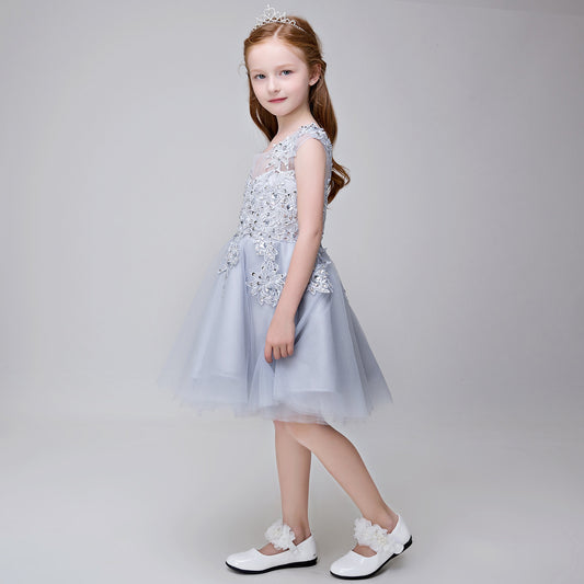 Flower Girl Applique Short Party Gown Long Dress for Wedding