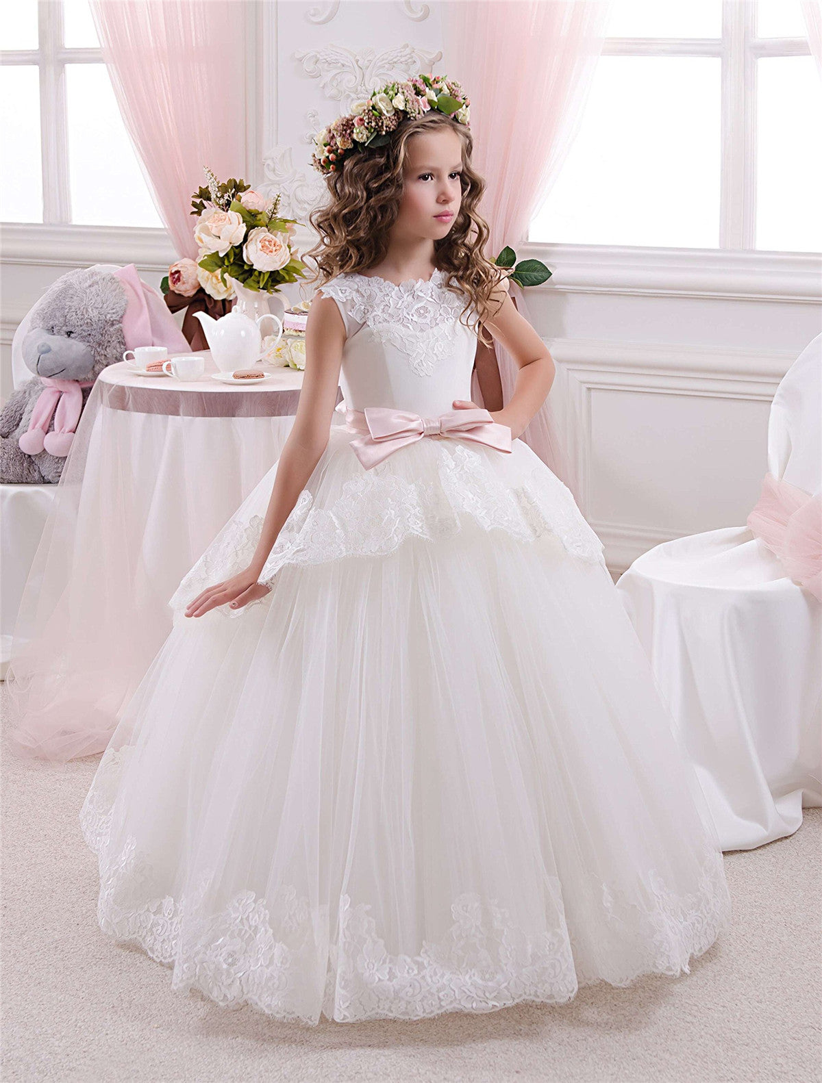 Applique Party Gown Princes Dresses Flower Girl Long Dress for Wedding YSM03