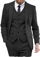 Mens Tweed Herringbone Wedding Suit Prom Tuxedos 3 Piece Peak Lapel Dress
