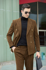 Double Breasted Peak Lapel Corduroy Suit 2 Pieces Men's Suits Jacket+Pants 2765