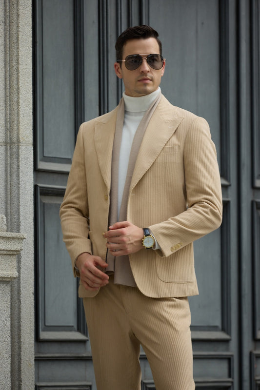 Winter Corduroy Peak Lapel 2 Pieces Men's Suits Jacket+Pants 2786