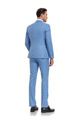 Light Blue Plaid Men's 3 Piece Slim Fit Suit Set