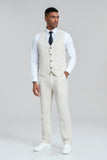 Beige Retro Linen Beach Wedding Summer 3 Pieces Men Suits