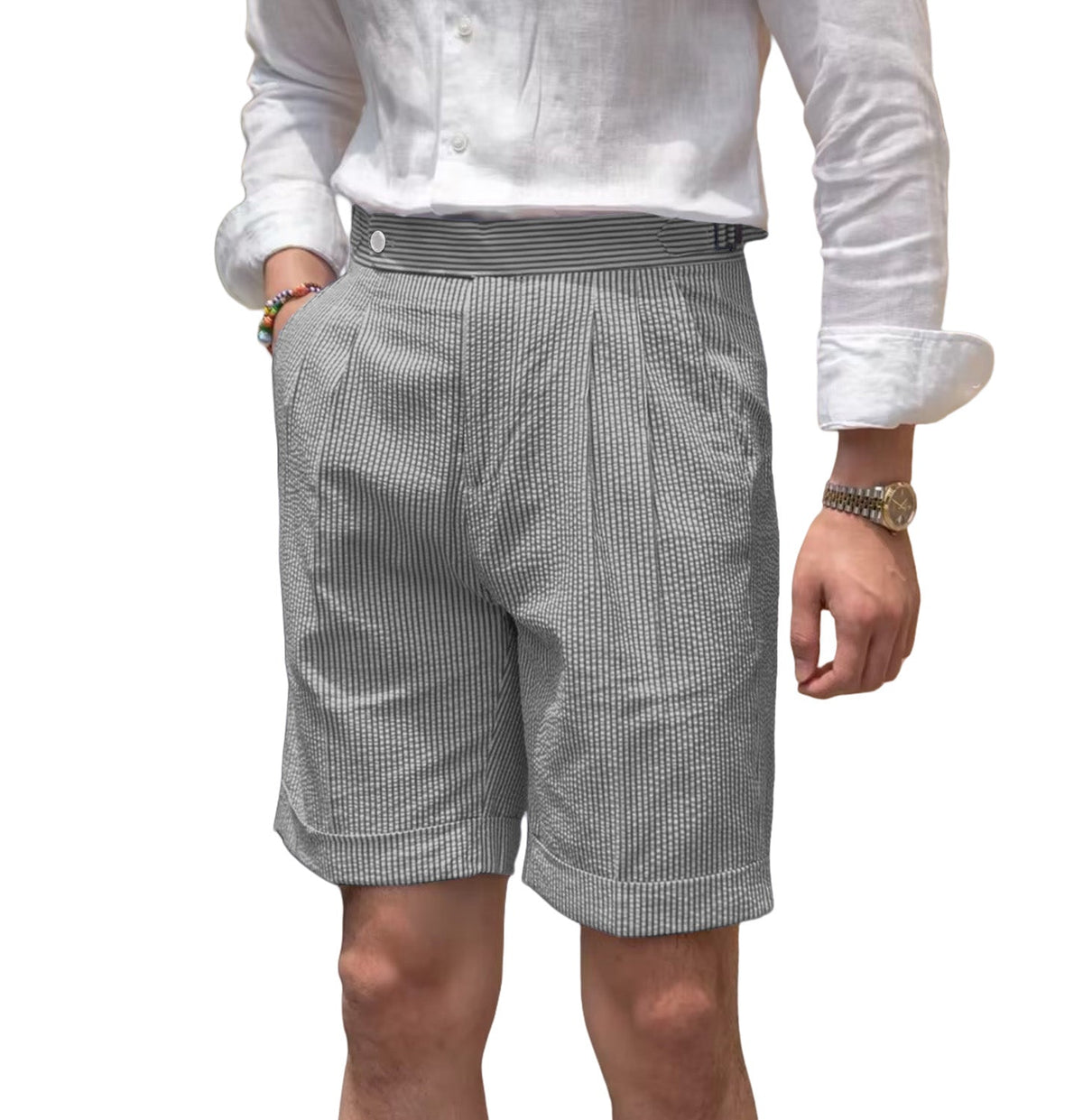Seersucker Striped Expandable Waist Men's Summer Shorts