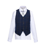 Blue Plaid Elegant Formal 4 Piece Boy's Formal Suits With Vest+Pants+Shirt+Tie