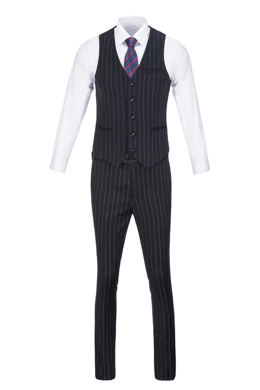 Navy Stripe Men's 3 Piece Suits Double Breasted Blazer Vest Pants